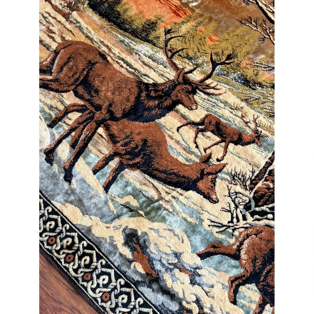 Vtg Velvet Deer Tapestry Wall Hanging Rug Buck Doe Winter Forest Scene 70 x 47" - Picture 4 of 16